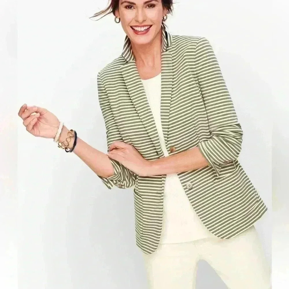 Talbots Aberdeen Knit STRIPE PIQUE Blazer green white size 16 like new